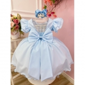 Vestido Infantil Azul Claro C/ Apliques Borboletas e Flores - Azul Claro