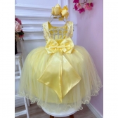Vestido Infantil Amarelo Damas de Honra Renda Pérola Strass