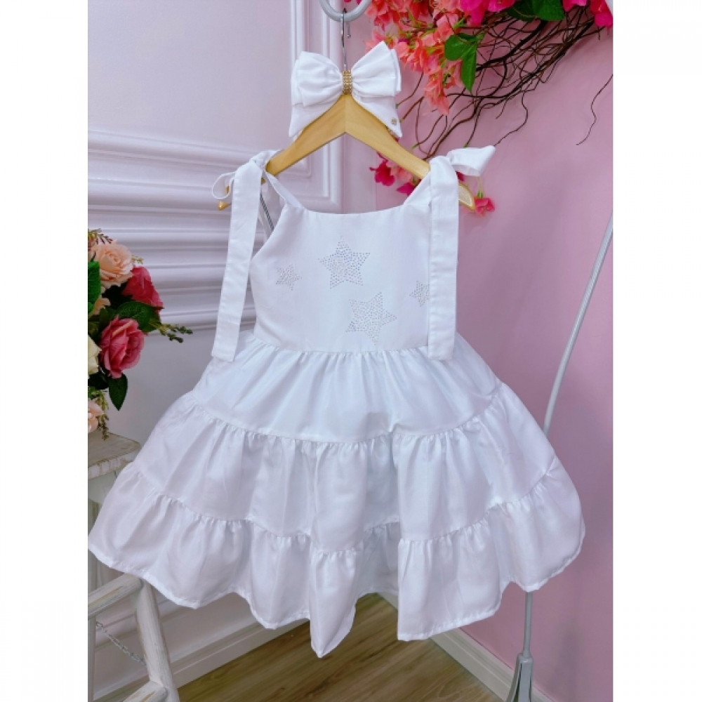 Vestido infantil Branco Strass no Busto Estrelas e Laço Damas - branco