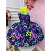 Vestido Infantil Barbie Azul Marinho Neon C/ Broche de Laço