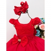 Vestido Infantil Vermelho C/ Renda Laço Strass Luxo