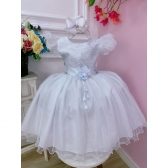 Vestido Infantil Branco Com Glitter e Broche de Flor Luxo