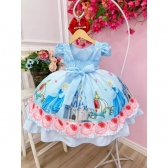 Vestido Infantil Princesa Cinderela Azul C/ Renda e Pérolas
