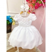 Vestido Infantil Branco C/ Bolinhas Cinto Pérolas Luxo
