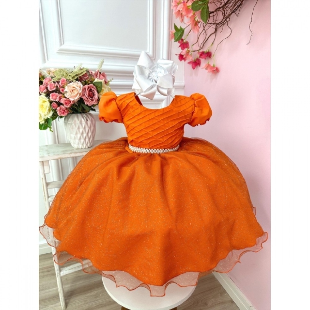 Vestido Infantil Laranja Busto Plissado C/ Pérolas Festas