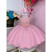 Vestido Infantil Rose Tule C/ Paetê Damas e Cinto de Pérolas