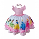 Vestido Infantil Princesas Rosa Aniversário Festa C/ Tiara