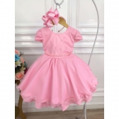 Vestido Infantil Rosa Peito Nervura Cinto de Pérolas Strass
