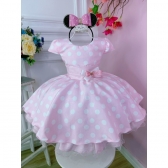 Vestido Infantil Rosa C/ Bolinhas Minnie C/ Aplique de Laço