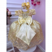 Vestido Infantil Amarelo Renda Realeza e Aplique Borboletas