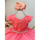 Vestido Infantil Goiaba C/ Busto Nervura e Pérolas Festas - Goiaba