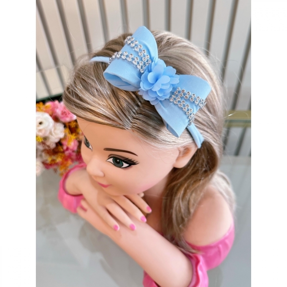 Faixinha de Cabelo Bebê C/ Laço Florzinha e Strass Várias Cores - Azul Bebê