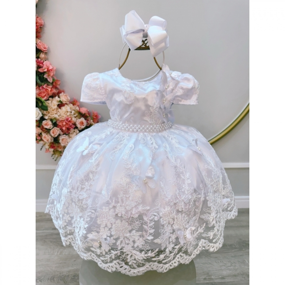 Vestido Infantil Branco C/ Renda Realeza Jardim Encantado