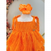 Vestido Infantil Laranja de Alça e Com Plumas Luxo