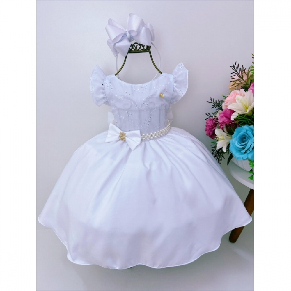 Vestido Infantil Branco C/ Renda Pérolas e Strass Luxo - Branco