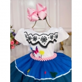 Vestido Infantil Encanto Jardim Azul C/ Cinto Pérolas