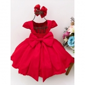 Vestido Infantil Vermelho C/ Laço Strass Luxo