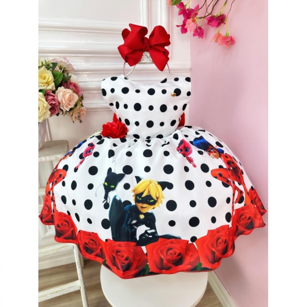 Vestido Infantil Lady Bug Branco e Preto Floral Vermelho