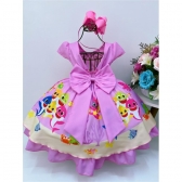 Vestido Infantil Baby Shark Luxo Cinto Pérolas e Strass Festas