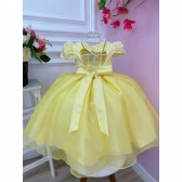 Vestido Infantil Amarelo C/ Renda Tiara e Cinto de Pérolas - Amarelo