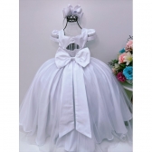 Vestido Infantil Branco Peito Nervura Broche Flor Luxo