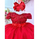 Vestido Infantil Vermelho C/ Renda e Aplique de Flores Festa - Vermelho