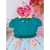 Vestido Infantil Verde Peito Nervura Saia Florida Pérolas