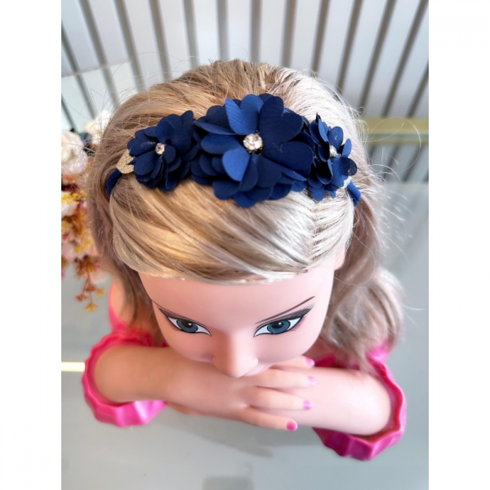 Faixinha de Cabelo Bebê C/ Laço Strass Florzinha Várias Cores - Azul Marinho
