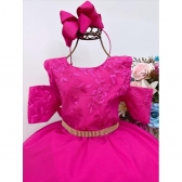 Vestido Infantil Pink C/ Renda Cinto de Strass Princesas