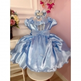 Vestido Infantil Cinderela Frozen Azul C/ Aplique de Flores Luxo