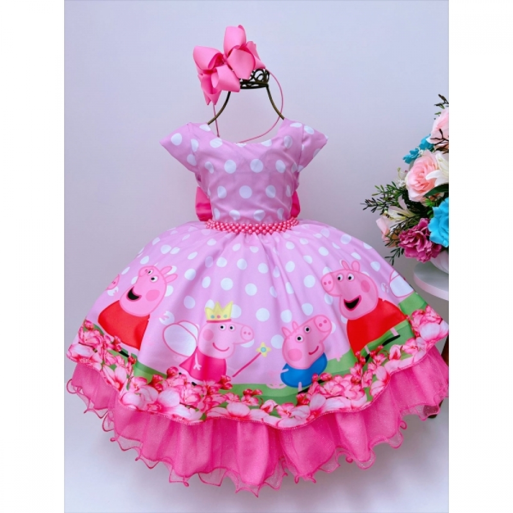 Vestido Infantil Rosa Bolinhas Brancas Peppa