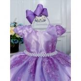 Vestido Infantil Lilás Com Renda Realeza e Cinto de Pérolas
