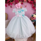 Vestido Infantil Verde C/ Renda de Aplique Flores Borboletas