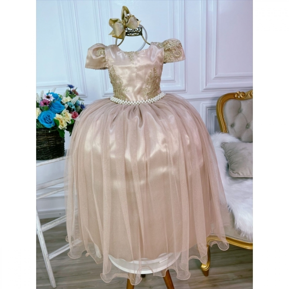 Vestido Infantil Nude Longo Damas C/ Renda Realeza Luxo