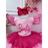 Vestido Infantil Rosa Barbie Peito Strass Glitter Luxo
