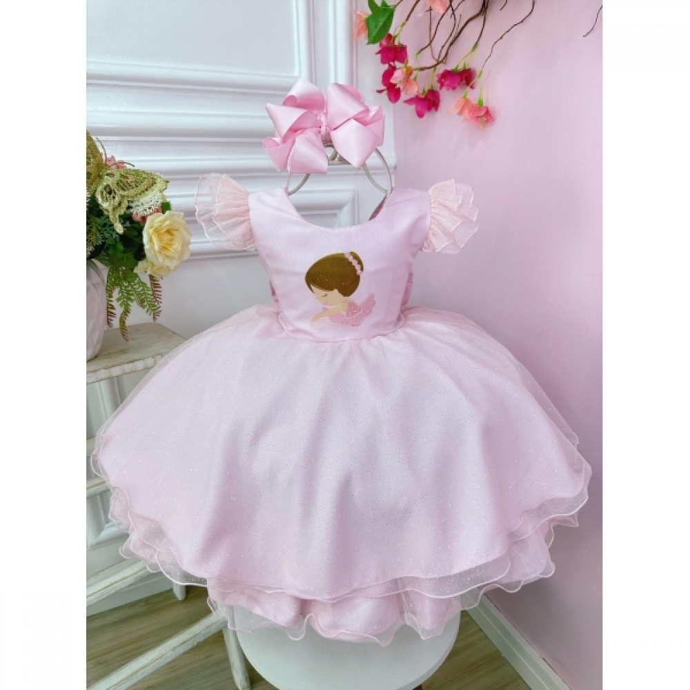 Vestido Infantil Rosa Bailarina Saia C/ Glitter Festas Luxo - Rosa Claro