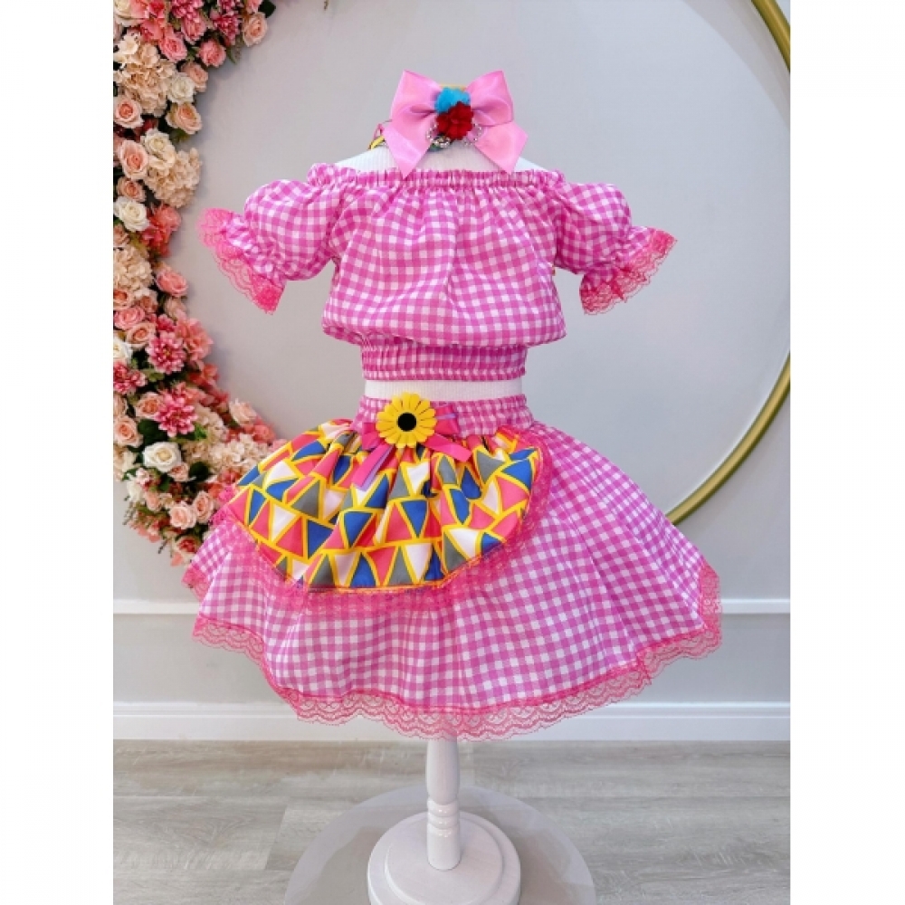 Conjunto Meninas Junino Rosa Cropped C/ Mini Saia Xadrez - Rosa