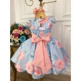 Vestido Infantil Azul Florido C/ Aplique de Borboletas Luxo