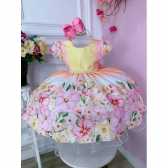 Vestido Infantil Colorido Jardim das Flores C/ Cinto Pérolas