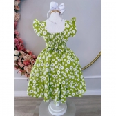Vestido Infantil Primavera Verão Verde Lima C/ Margaridas