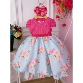 Vestido Infantil Rosa Chiclete Peito Nervura Florido Pérolas