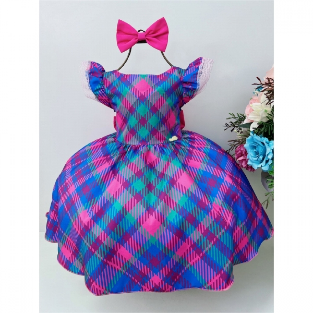 Vestido Infantil Azul Royal Colorido Xadrez C/ Laço Luxo - Azul Royal