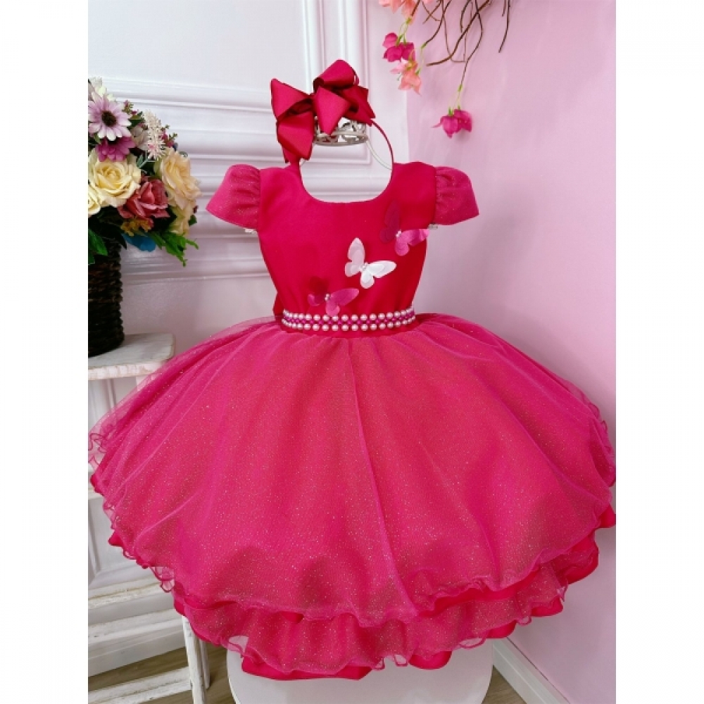 Vestido Infantil Pink Aplique de Borboletas C/ Glitter