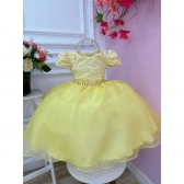 Vestido Infantil Amarelo C/ Renda Tiara e Cinto de Pérolas - Amarelo