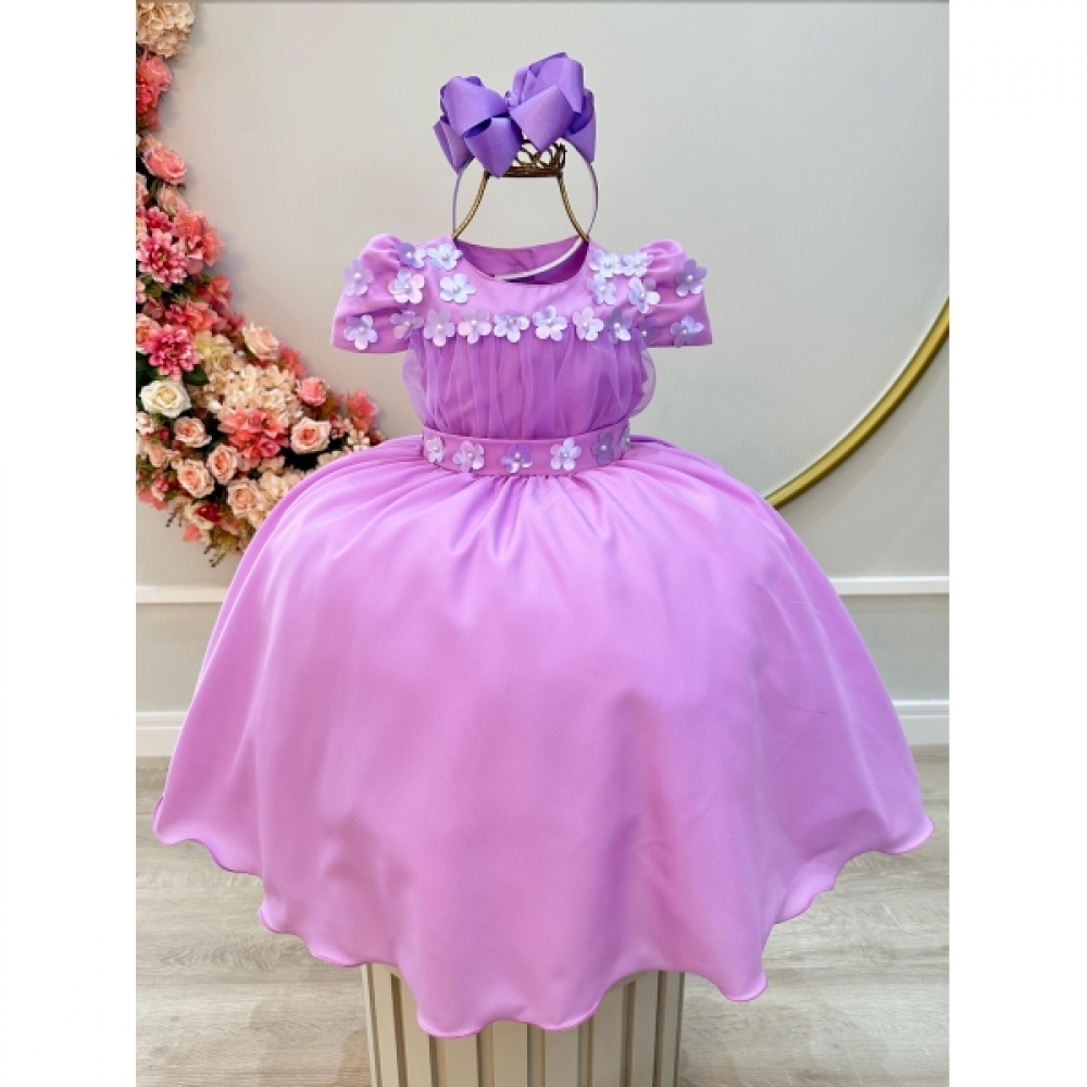 Vestido Infantil Lilás C/ Busto Tule e Aplique de Flores