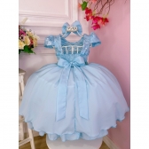 Vestido Infantil Azul C/ Renda e Cinto de Pérolas Laço - Azul Claro