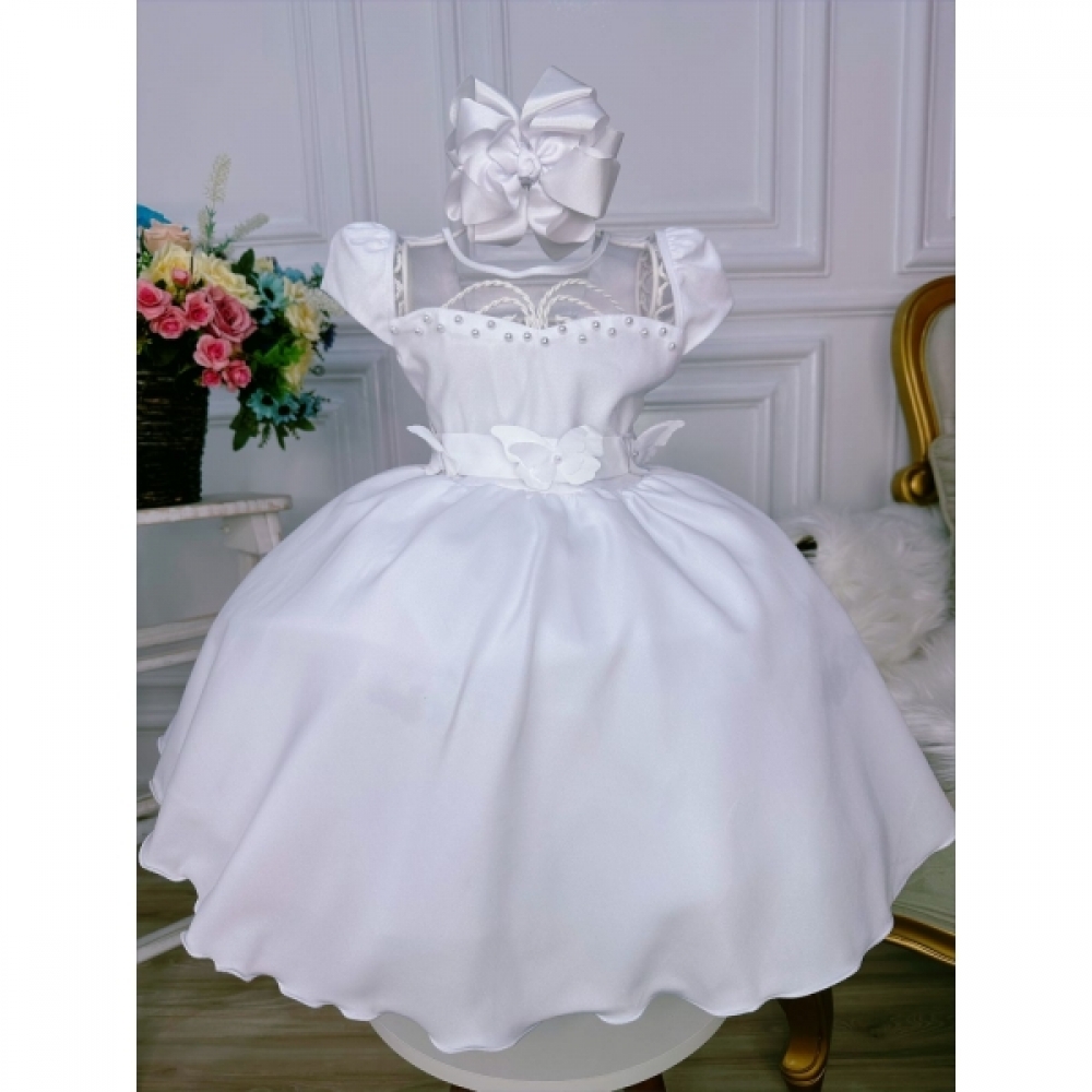 Vestido Infantil Branco C/ Aplique de Borboletas Pérolas