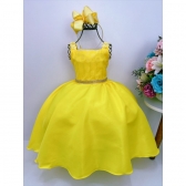 Vestido Infantil Amarelo Bolinhas Aplique Festa Strass Festa
