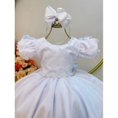 Vestido Infantil Branco C/ Busto Nervura Daminhas Festas