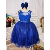Vestido Infantil Azul Royal Renda Realeza Tule C/ Glitter